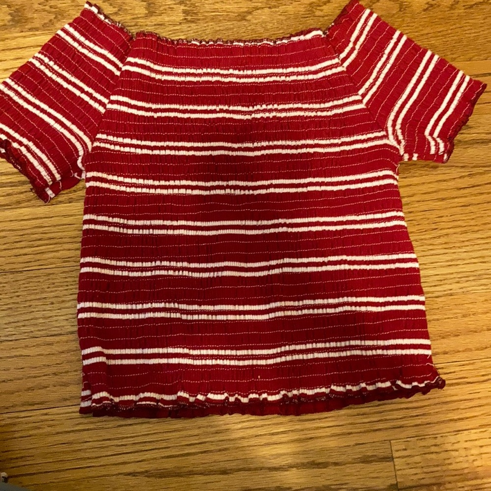 ribbed striped red shoulderless crop top